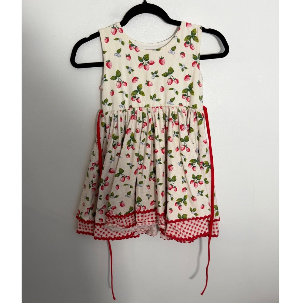 SweetHoney Strawberry Gingham Ric Rac Dress Ivory Red Size 10Y Girls Sleeveless